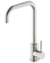 Moderne køkkenarmatur i rustfrit stål med høj bue og enkelt greb. Børstet finish, cylindrisk base og minimalistisk design. Holdbar og nem at rengøre.