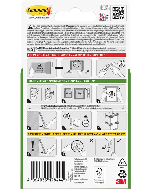 Command självhäftande remsor förpackning med illustrerade instruktioner för förberedelse, upphängning och borttagning. Visar viktgränser, väggkompatibilitet och steg-för-steg-anvisningar.