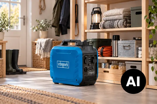 Blå og sort bærbar generator med bærehåndtag, kontrolpanel og kompakt, firkantet design til reservestrøm. - Billedet er skabt med AI
