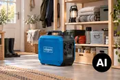 Blå og sort bærbar generator med bærehåndtag, kontrolpanel og kompakt, firkantet design til reservestrøm. - Billedet er skabt med AI