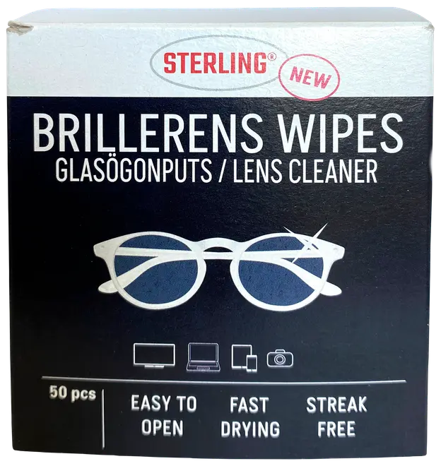 Förpackning med 50 Sterling linsrengöringsservetter för glasögon, skärmar och kameror. Lättöppnad, snabbtorkande och lämnar inga ränder. Passar flera enheter.