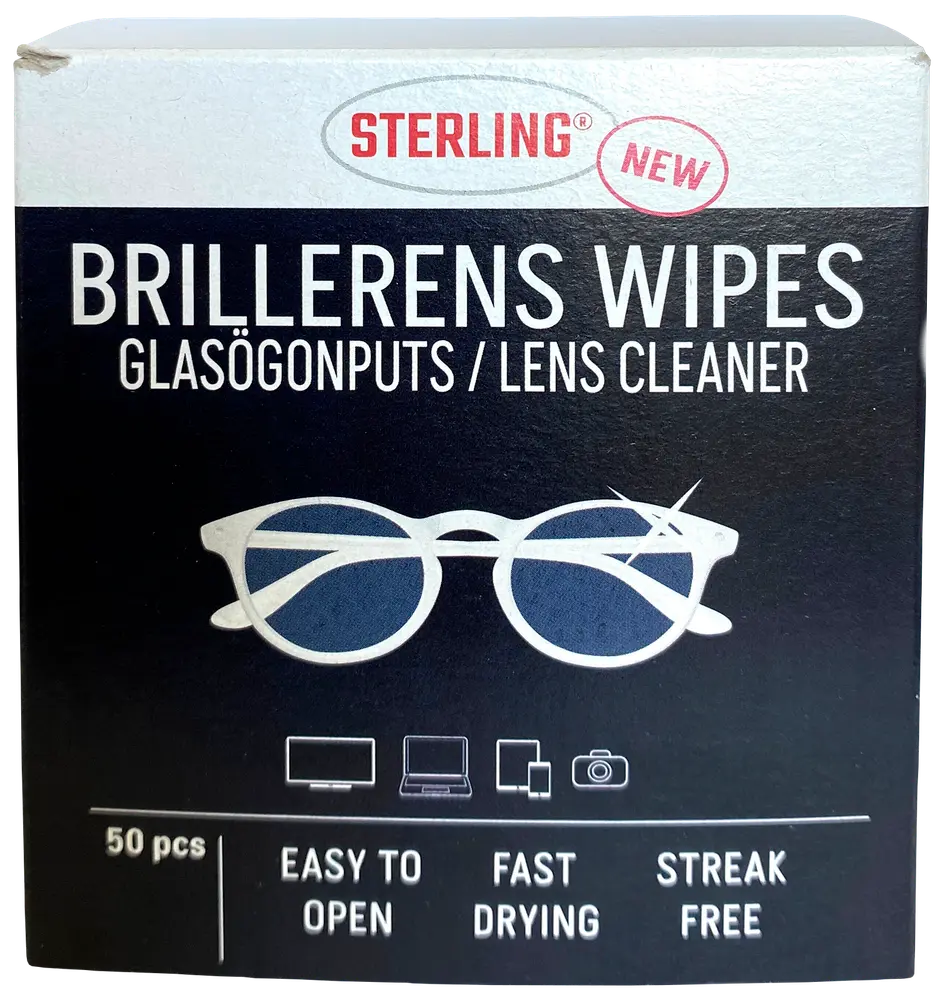 Förpackning med 50 Sterling linsrengöringsservetter för glasögon, skärmar och kameror. Lättöppnad, snabbtorkande och lämnar inga ränder. Passar flera enheter.