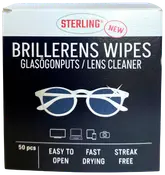 Æske med 50 Sterling brilrenseservietter til briller, skærme og kameraer. Nem at åbne, tørrer hurtigt og efterlader ingen striber. Velegnet til elektronik og briller.