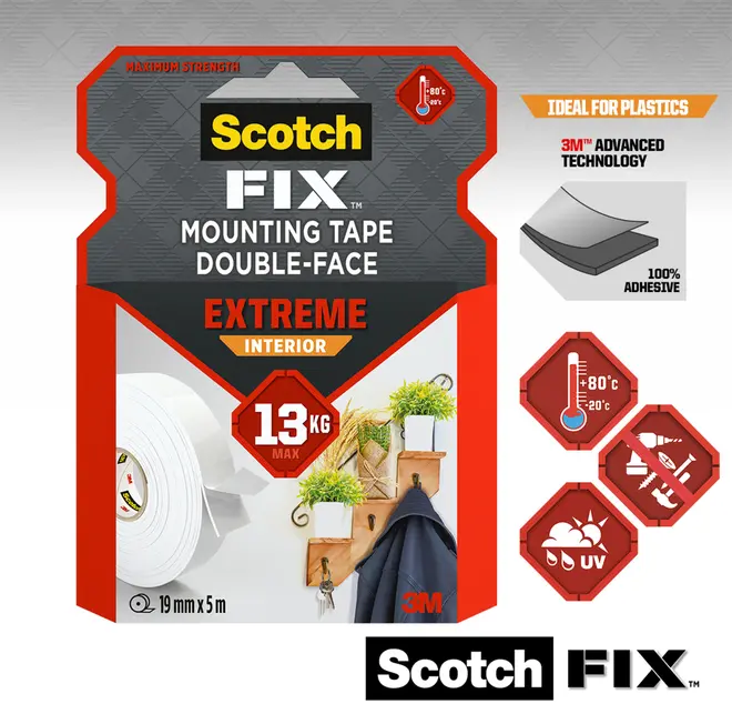 Scotch FIX dobbeltklæbende monteringstape, ekstrem indendørs, holder op til 13 kg, 19 mm x 5 m rulle, velegnet til plast, stærk klæbeevne, UV- og temperaturbestandig, hvid farve.