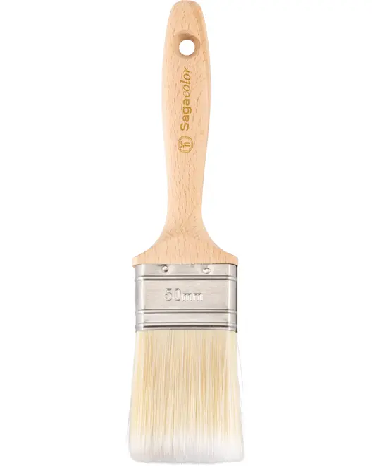 Flad pensel med træhåndtag, metalbånd og syntetiske hvide børster. Håndtaget har ophængshul og er mærket "50 mm" for børstens bredde.