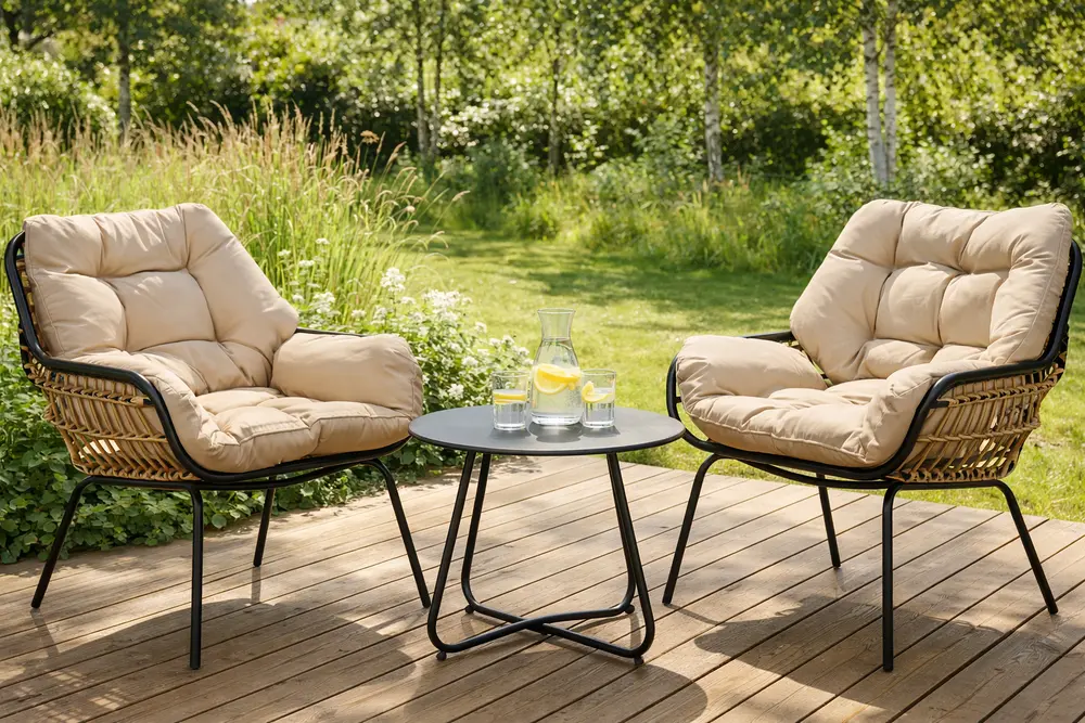 Utomhusmöbelset med två rottingstolar, tjocka beige dynor och runt svart metallbord. Bordet har en glaskaraff med citronvatten och två glas.