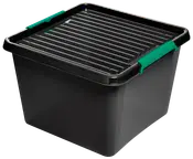 Stor sort plastopbevaringsboks med rillet låg og to grønne låsehåndtag på siderne, designet til sikker og stabelbar opbevaring af husholdnings- eller kontorartikler.