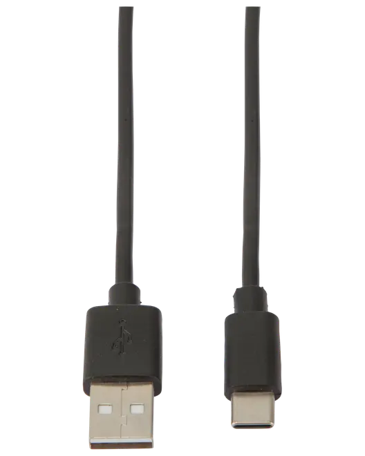 Svart USB-A till USB-C-kabel, passar för laddning och dataöverföring. Har en standard USB-A-kontakt i ena änden och USB-C i andra.
