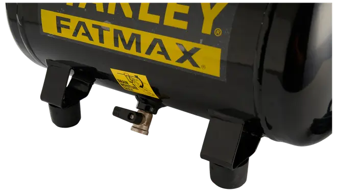 Nærbillede af Stanley Fatmax luftkompressortank med solide sorte metalben, drænventil og tydelig gul branding på siden.