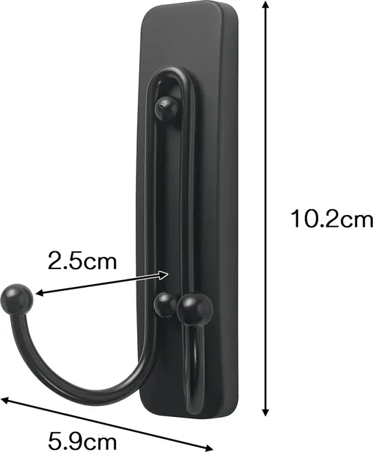Svart metallväggkrok med två rundade ändar på rektangulär bas. Mått: 10,2 cm hög, 5,9 cm bred, 2,5 cm krokdjup. Modern, minimalistisk design.
