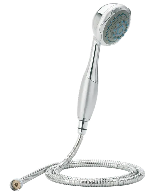 Handhållen duschmunstycke i krom med flexibel metallslang, flera spraylägen och blå munstycken. Ergonomiskt handtag. Modern design som passar de flesta badrum.