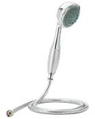 Handhållen duschmunstycke i krom med flexibel metallslang, flera spraylägen och blå munstycken. Ergonomiskt handtag. Modern design som passar de flesta badrum.