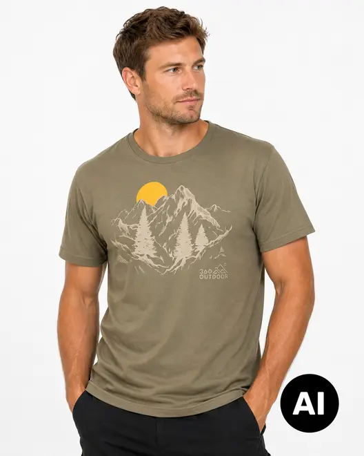 Oliven crewneck T-shirt med korte ærmer og bjerg- og solgrafik samt lille 360 Outdoor-logo på brystet. - Billedet er skabt med AI