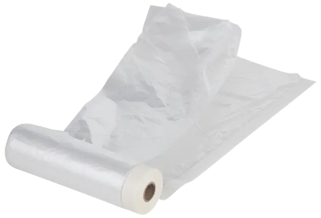 En rulle gennemsigtig plastfolie, delvist udrullet, med hvid papkerne. Perfekt til at forsegle og opbevare madvarer. Let og fleksibel til brug i køkkenet.