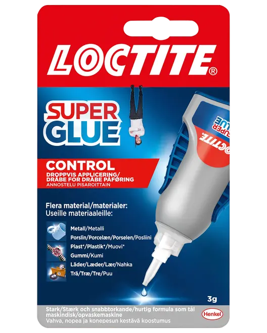 Loctite Super Glue Control, 3g tube med præcisionsapplikator. Velegnet til metal, porcelæn, plast, gummi, læder og træ. Stærk, hurtigtørrende lim til kontrolleret dosering.