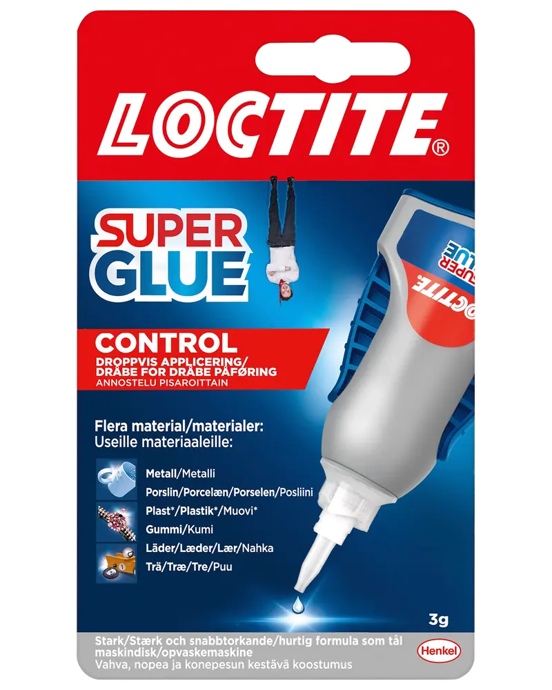 Loctite Super Glue Control, 3g tube med præcisionsapplikator. Velegnet til metal, porcelæn, plast, gummi, læder og træ. Stærk, hurtigtørrende lim til kontrolleret dosering.