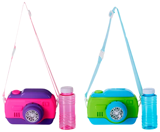 Sæt med to boblekameraer med skulderstrop, et pink-lilla og et grøn-blåt, hver med tilhørende boblevæskeflaske. Sjovt legetøj til udendørs bobler.