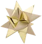 Guld og glitrende stjerneformet gavebånd med spidse kanter, lavet af skinnende metalpapir og tekstureret papir. Perfekt til at dekorere gaver og give en festlig stemning.