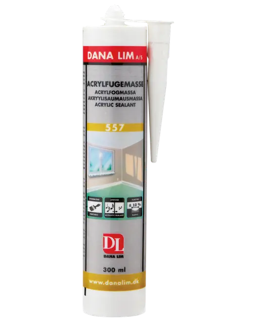 DANA LIM 557 akrylfugemasse patron, 300 ml, hvid tube med rød og grå etiket til fuge- og revnefyldning.