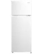 Vit kyl med frysfack upptill, två dörrar och slät yta. Minimalistisk design, separata fack för frys och kyl, passar kök eller kontor.