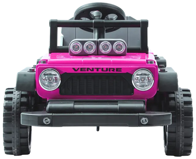 Lyserød elbil til børn med sorte detaljer, store terrængående hjul, forlygter, fire taglygter og teksten 'VENTURE' på frontgitteret.