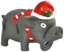 Gråt hundelegetøj formet som en gris med rød og hvid nissehue og tørklæde, tegneserieagtigt ansigt og åben mund, lavet af holdbart gummi til juleleg.