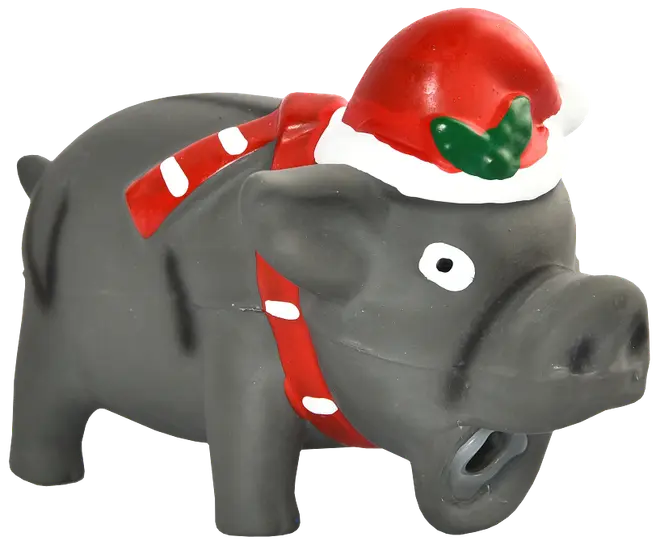 Gråt hundelegetøj formet som en gris med rød og hvid nissehue og tørklæde, tegneserieagtigt ansigt og åben mund, lavet af holdbart gummi til juleleg.