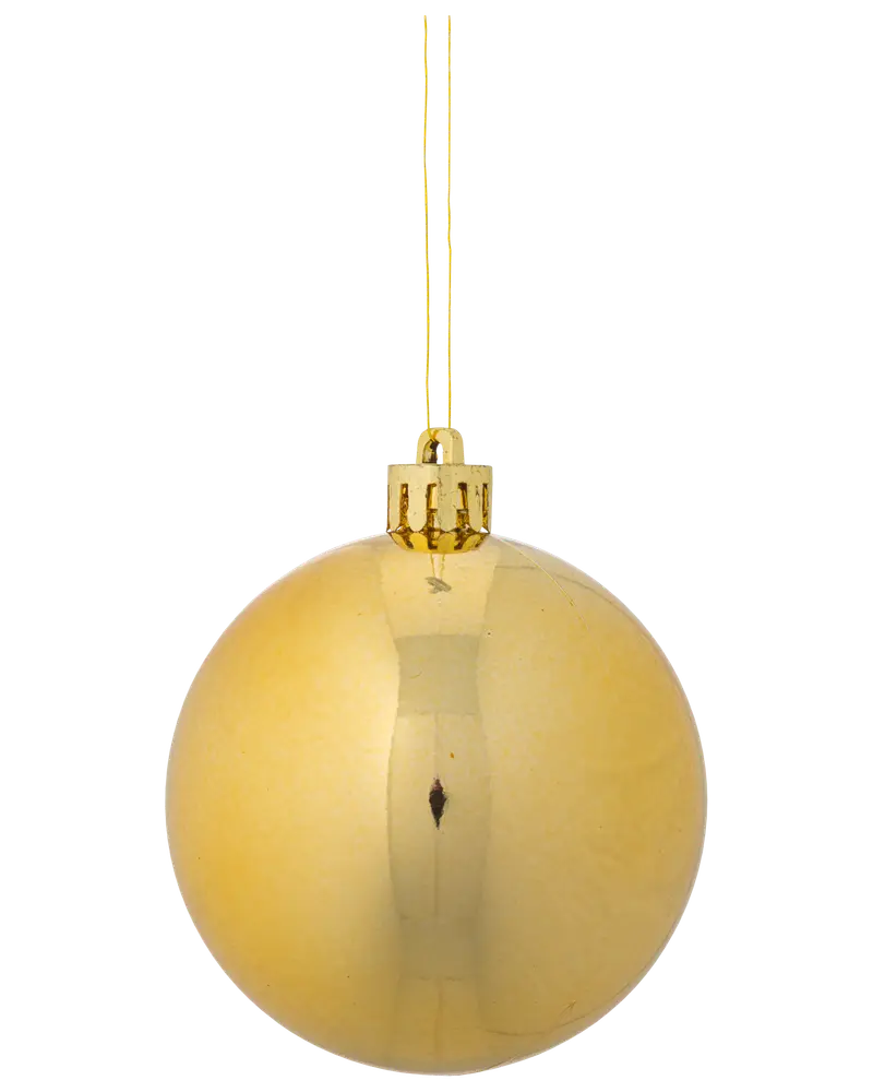 Glänsande guldfärgad julgranskula med slät, reflekterande yta och guldfärgat snöre. Rund, lätt och elegant, perfekt för juldekoration.