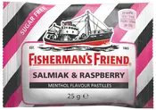 Fisherman's Friend Salmiak & Raspberry mentholpastiller, sukkerfri, 25g pose. Pink, sort og hvidstribet emballage med illustration af fiskerbåd på forsiden.