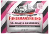 Fisherman's Friend Salmiak & Raspberry mentholpastiller, sukkerfri, 25g pose. Pink, sort og hvidstribet emballage med illustration af fiskerbåd på forsiden.
