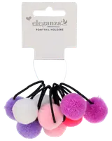 Sæt med elastikker til hestehale med bløde, fluffy pomponer i lilla, pink og hvid, fastgjort til sorte elastikker. Perfekt til at give håret et legende udtryk.