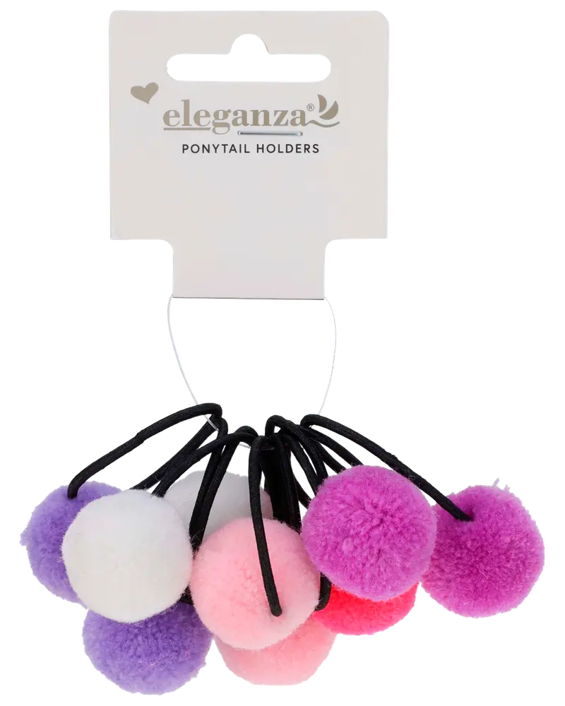 Sæt med elastikker til hestehale med bløde, fluffy pomponer i lilla, pink og hvid, fastgjort til sorte elastikker. Perfekt til at give håret et legende udtryk.