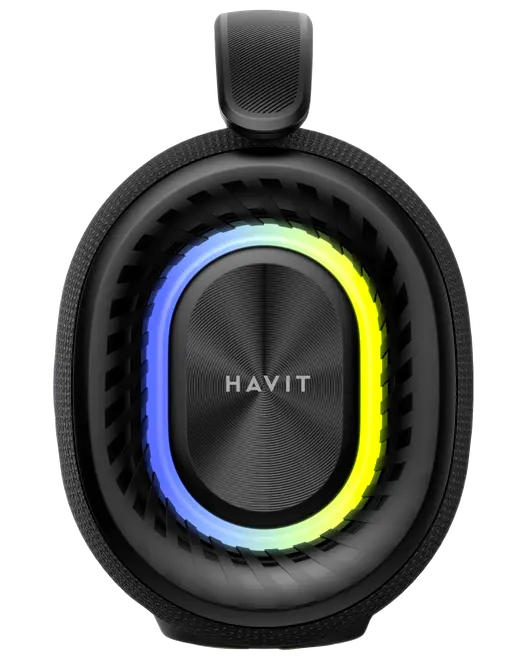 Sort HAVIT bærbar Bluetooth-højttaler med cirkulær LED-lyskrans i blå og gul, tekstureret overflade og bærestrop øverst for nem transport.