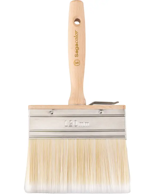 Bred malerpensel med træhåndtag, metalbeslag og syntetiske børster. Mærket 120mm, ideel til store overflader. Har ophængshul og sideklips for nem opbevaring.
