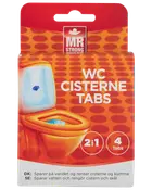 Æske med Mr Strong WC Cisterne Tabs, 2-i-1 toiletrensetabletter, indeholder 4 tabs. Orange emballage med billede af toilet, renser og sparer vand.