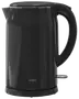 Elegant sort elektrisk kedel med blank finish, ergonomisk håndtag, hældetud og låg. Synlig tænd/sluk-knap og mærket SJÖBO på forsiden.