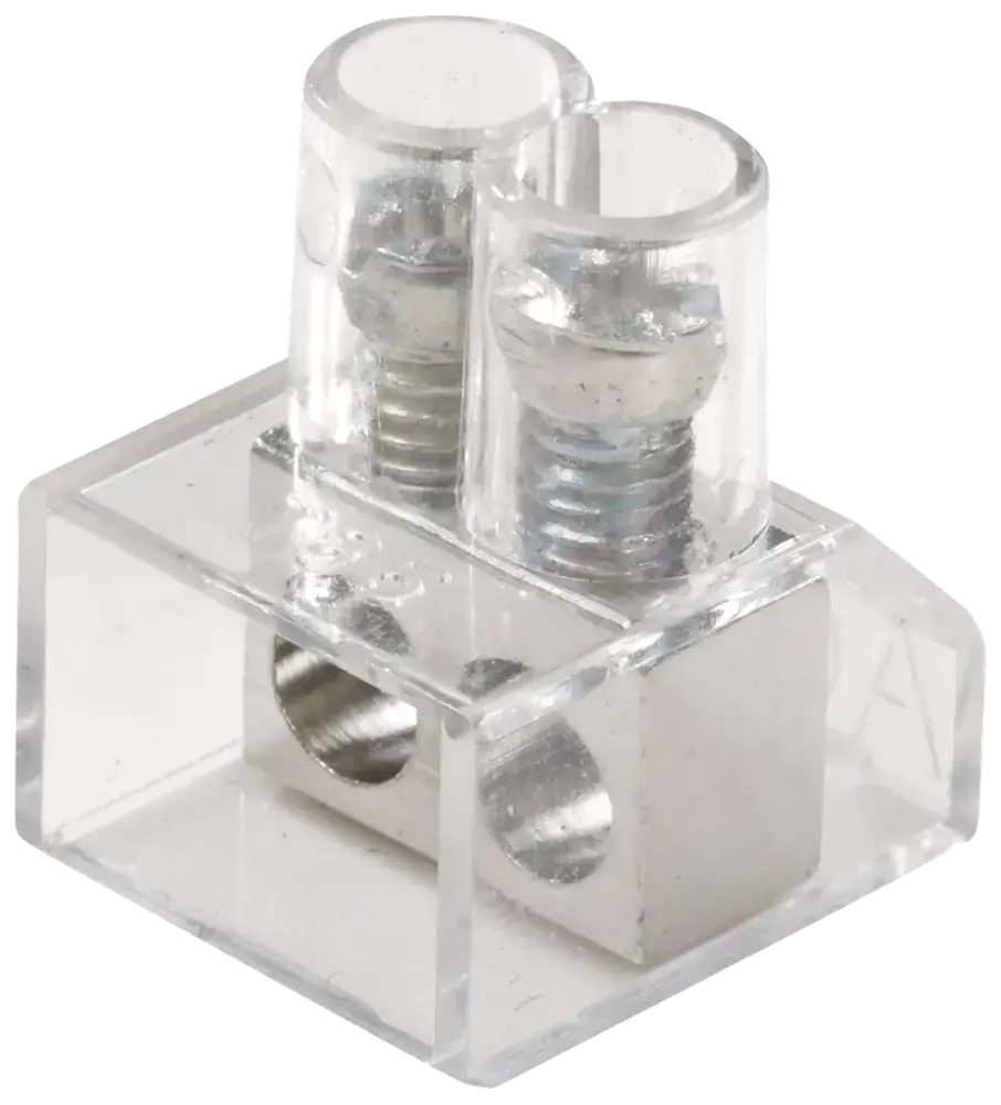 Gennemsigtig plastik klemrække med to metalskruer til ledningstilslutning. Rektangulær form, to indgangshuller, egnet til elektriske installationer og sikker fastgørelse af kabler.