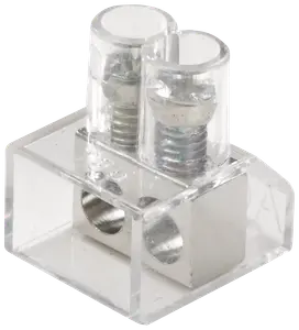 Gennemsigtig plastik klemrække med to metalskruer til ledningstilslutning. Rektangulær form, to indgangshuller, egnet til elektriske installationer og sikker fastgørelse af kabler.