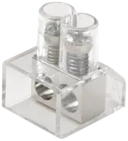 Gennemsigtig plastik klemrække med to metalskruer til ledningstilslutning. Rektangulær form, to indgangshuller, egnet til elektriske installationer og sikker fastgørelse af kabler.