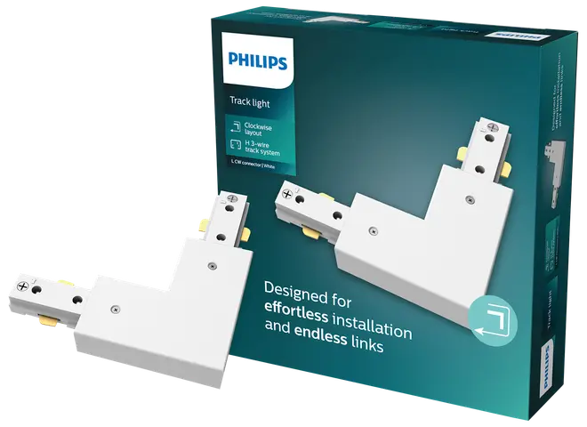 Philips L-formet skinnebelysningsforbinder, hvid, til 3-leder system. Til nem installation og uendelige forbindelser. Produkt og emballage vises.