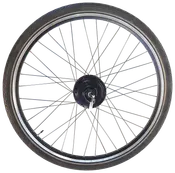 Elektrisk cykelhjul med sort dæk, metalskodder og centermotor. Inkluderer quick-release håndtag. Velegnet til elcykel-ombygning eller udskiftning. Holdbart og moderne design.