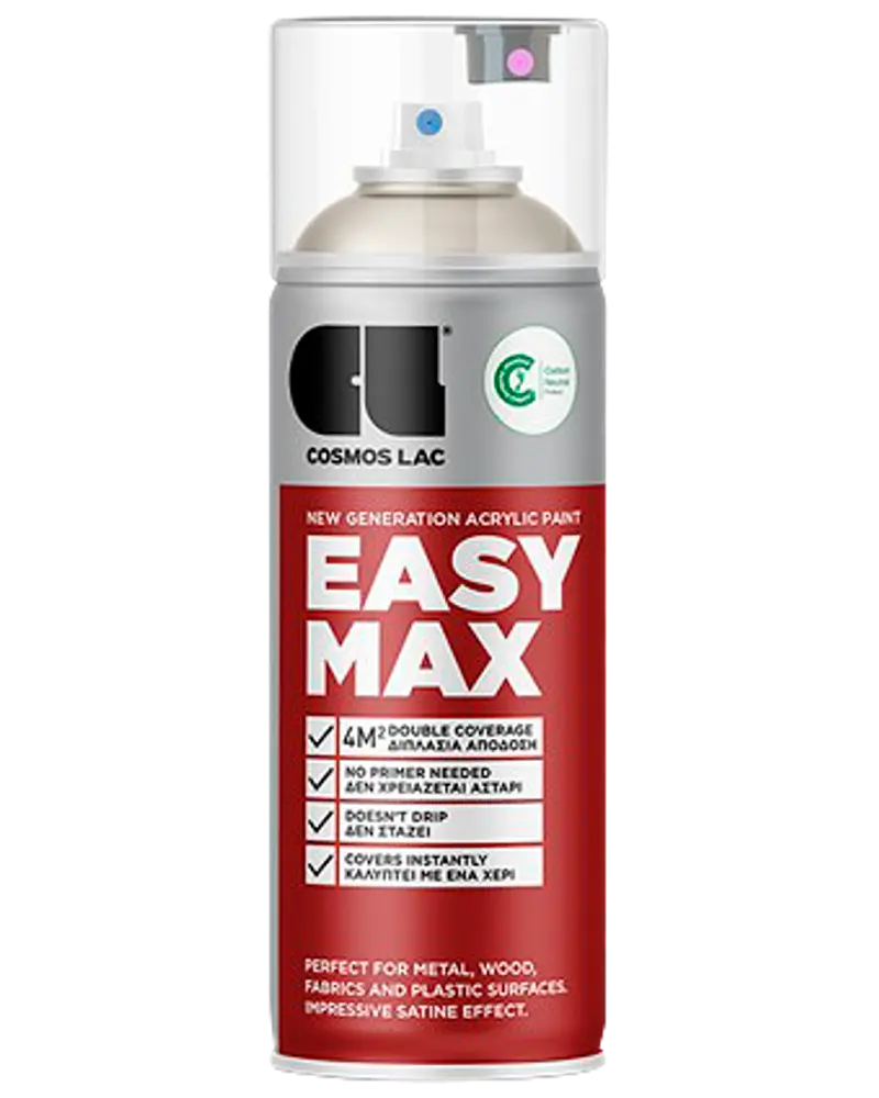 Cosmos Lac Easy Max akrylspraymaling, 400 ml dåse, rød etiket, egnet til metal, træ, stof og plast, dobbelt dækning, ingen primer nødvendig, satin finish.