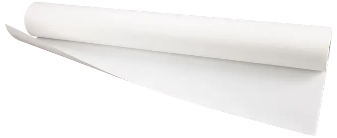 En stor rulle almindeligt hvidt papir, delvist rullet ud. Papiret er glat og uden belægning, velegnet til tegning, hobby eller afdækning. Ingen synlige mærker eller tekstur.