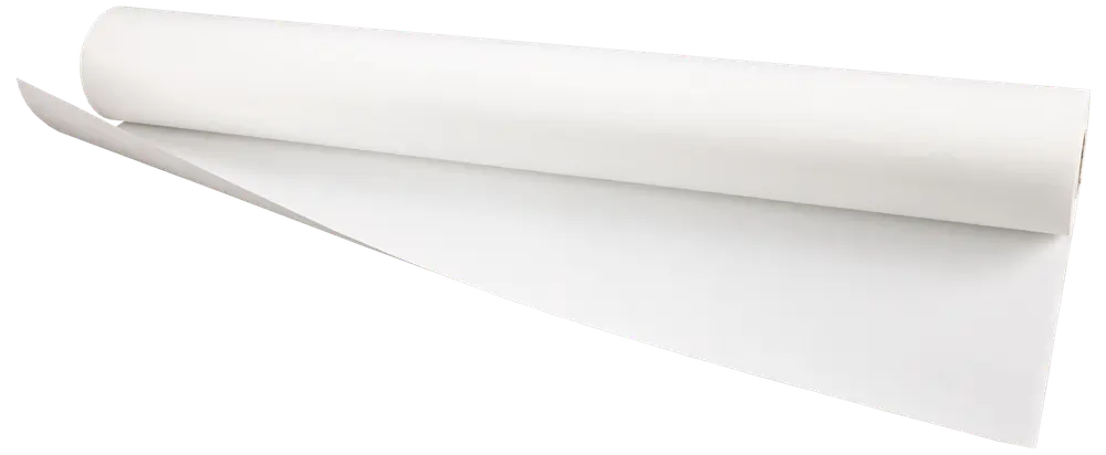 En stor rulle almindeligt hvidt papir, delvist rullet ud. Papiret er glat og uden belægning, velegnet til tegning, hobby eller afdækning. Ingen synlige mærker eller tekstur.