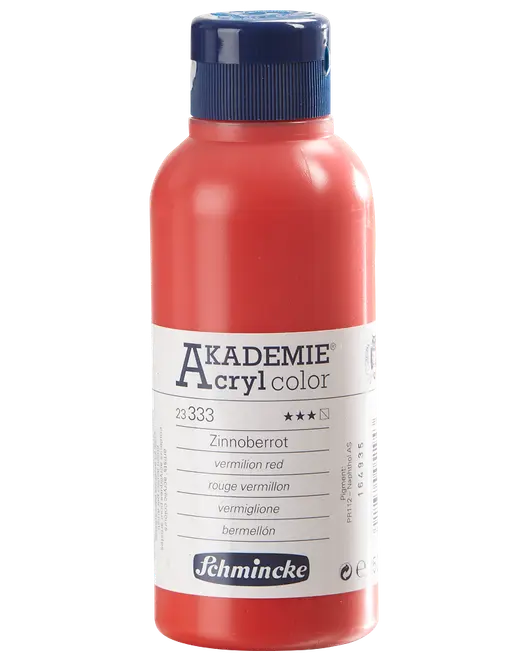 Flaska med Schmincke Akademie Acrylfärg, vermilionröd, 250 ml, blått skruvlock och vit etikett med produktinformation på flera språk.