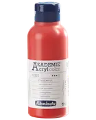Flaska med Schmincke Akademie Acrylfärg, vermilionröd, 250 ml, blått skruvlock och vit etikett med produktinformation på flera språk.