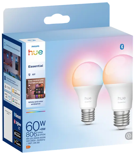 Philips Hue Essential E27 smarte LED-pærer, 60W ækvivalent, 806 lumen, hvid og farve, Bluetooth og Zigbee, app- og stemmestyring, pakke med to.