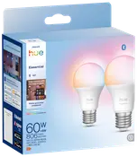 Philips Hue Essential E27 smarte LED-pærer, 60W ækvivalent, 806 lumen, hvid og farve, Bluetooth og Zigbee, app- og stemmestyring, pakke med to.