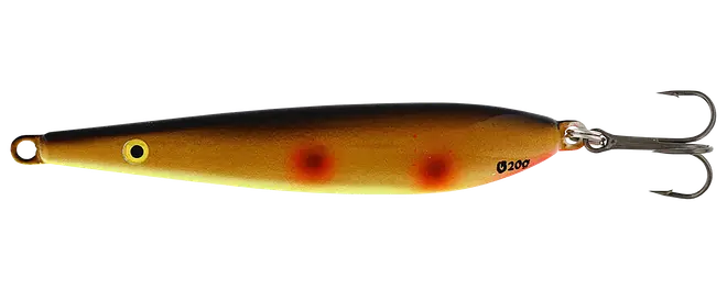 Metallisk guldfarvet fiskelokke med sort ryg, orange bugpletter, gul øjendetalje og tre trekrog.