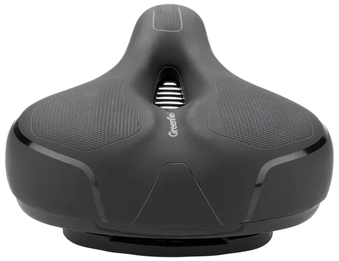 Sort ergonomisk cykelsadel med bred polstret overflade, strukturerede grebspaneler, central udskæring til ventilation og strømlinet støttebase.